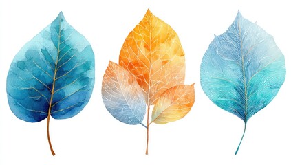 Obraz premium Three stylized autumn leaves, teal, orange, and icy blue, watercolor-like, on white background