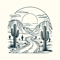 Minimalist Black and White Line Art Desert Scene with Saguaro Cacti, Winding Road, Mesas, Cliffs, Sun, Clean Centered Composition