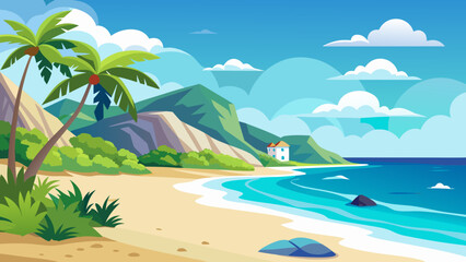 Cartoon seascape of beach on tropical island 