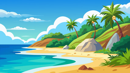 Cartoon seascape of beach on tropical island with palm trees and white sand