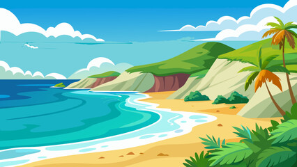 Cartoon seascape with palm trees on white sand island