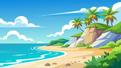 Cartoon seascape with palm trees on white sand island