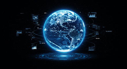Obraz premium Futuristic representation of earth with digital HUD elements, showcasing technology and global data.
