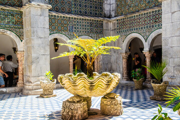 Sintra, Portugal - July 8 2025: The beautiful cloister yard of Pena Palace in Sintra, Portugal