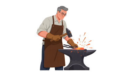 Experienced artisan blacksmith carefully forging molten metal on a sturdy anvil, demonstrating skill and traditional craftsmanship in a workshop setting, sparks flying.