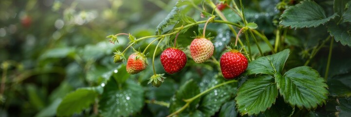 A banner with an image of fresh ripe strawberries growing on a vine. Blurred green background with bokeh effect. A banner with space for the text.