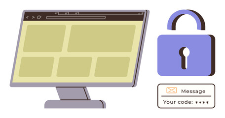 Computer monitor displaying webpage layout, lock symbol, and secure message with passcode. Ideal for cybersecurity, online safety, encryption, data protection, internet usage education, secure
