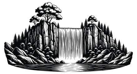Majestic waterfall cascades through lush forested cliffs into serene reflective waters vector