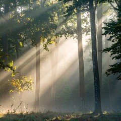 Sunlight piercing a misty forest
