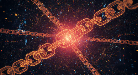 Digital blockchain represented by glowing interconnected chains against a dark data background.