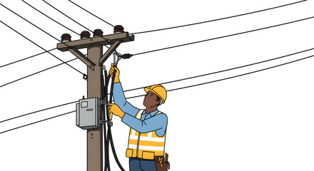 Skilled worker maintaining overhead power lines on a utility pole for reliable electricity distribution and electrical safety