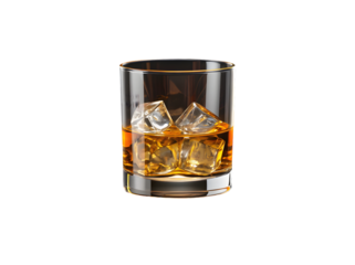Glass of whiskey with ice cubes and amber liquid in crystal clear glass on wooden table, premium drink high quality photography png file isolated on transparent background