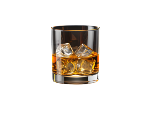 Glass of whiskey with ice cubes and amber liquid in crystal clear glass on wooden table, premium drink high quality photography png file isolated on transparent background