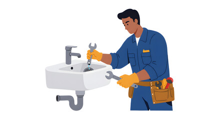 Professional male plumber in a blue uniform fixing a bathroom sink with wrenches. Vector illustration of a handyman providing home repair service.