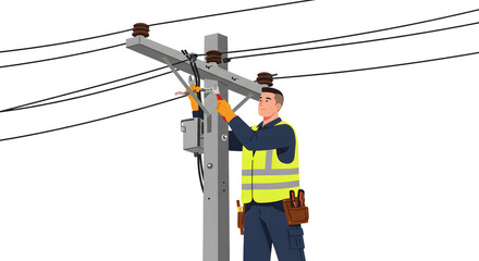 Electrician working on a power line pole with electrical equipment and safety gear, a concept of utility maintenance