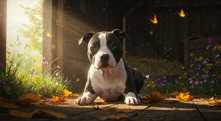 A heart-melting portrait of a beautiful pitbull puppy in a sunny autumn scenery