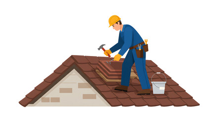 Illustration of a skilled roofer diligently working on a residential roof, carefully installing tiles with a hammer and tools, demonstrating construction and home improvement