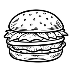 Deliciously hand-drawn hamburger with sesame seed bun, fresh lettuce, and juicy patty, perfect for food blogs, menus, or restaurant branding, offering a classic and appealing visual.