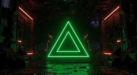 A vibrant green triangle stands illuminated in a futuristic and high-tech setting in the dark .