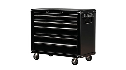 Fototapeta premium Png of Sleek black tool chest on wheels with multiple drawers for organization and easy mobility.