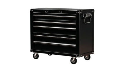 Png of Sleek black tool chest on wheels with multiple drawers for organization and easy mobility.
