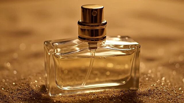 Glass perfume bottle filled with liquid resting on golden shimmering sand
