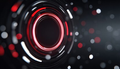 Abstract digital artwork featuring concentric glowing red and white rings on a dark background with scattered bokeh