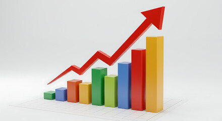 A vibrant bar graph dramatically ascends, topped by a red arrow, symbolizing growth and progress.