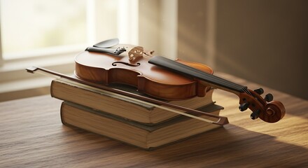 Fototapeta premium Wooden Violin Resting on Books with Bow and Sheet Music in Warm Sunlight