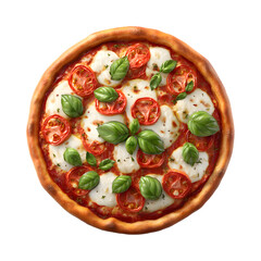 Artistic pizza illustration with mozzarella, tomatoes and basil isolated on black