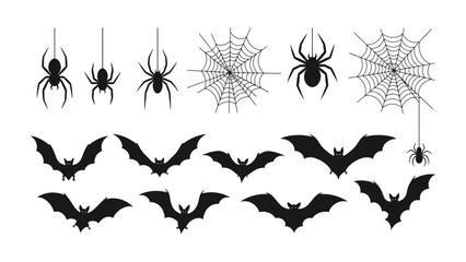 Silhouette Halloween Elements: A collection of Halloween-themed silhouettes, featuring spiders, cobwebs, and bats in a minimalist design, perfect for evoking the spooky atmosphere of the season.