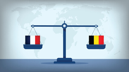 Balance Scale with Belgium vs France Flags , International Relations and Global Trade Concept Vector