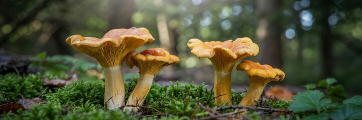 Forest mushrooms growing on green moss in the forest. The background is slightly blurred with a side effect, creating a fabulous forest atmosphere. A banner with space for the text.