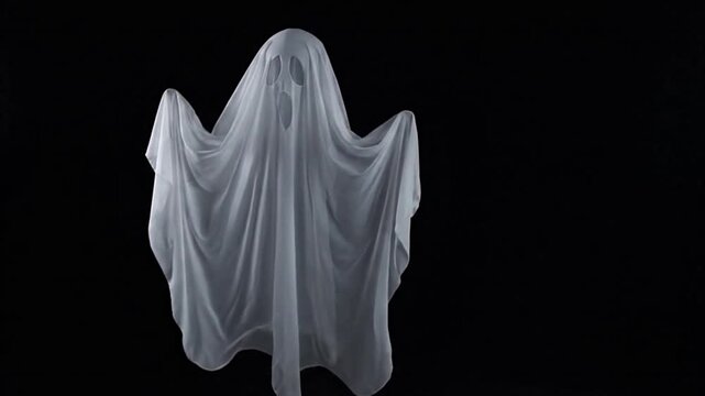 A white sheet ghost hovers against a black background with cutout facial features