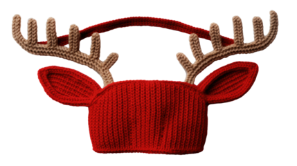 Knitted red reindeer headband with brown antlers isolated on white background festive Christmas accessory