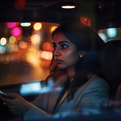 Fototapeta premium Indian woman sitting in the backseat of a cab