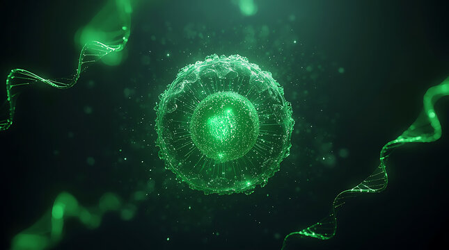 Microscopic View of a Glowing Green Cell with DNA Strands in Motion - Powered by Adobe