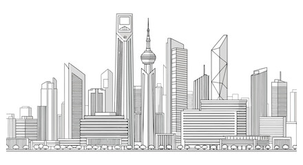 Modern city skyline artistic drawing with tall skyscrapers and architectural buildings detailed sketch vector