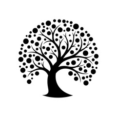 A unique and artistic vector illustration featuring a tree with a solid trunk and branches, but with leaves replaced by a collection of circles or dots of various sizes. 