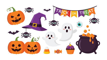 Halloween Assemblage: An assortment of Halloween-themed items, featuring carved pumpkins, witch hat, cheerful ghosts, spiders, bat, a bubbling cauldron, sweet treat and pennant with text.