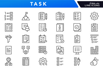 Task management linear icon set. Checklist, action plan, to-do, calendar, productivity, reminder, deadline, planner, schedule, project, note, vector outline icon