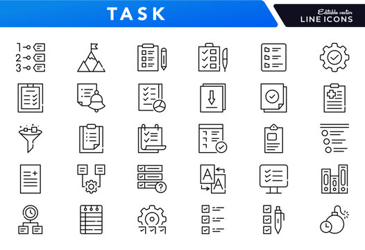 Task management linear icon set. Checklist, action plan, to-do, calendar, productivity, reminder, deadline, planner, schedule, project, note, vector outline icon