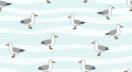 Charming cartoon seagulls walking along wavy blue coastal waters repeating pattern design