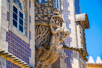 Sintra, Portugal - July 8 2025: The beautiful decorated windows of Pena Palace in Sintra, Portugal