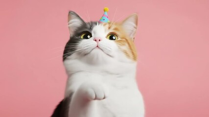 Calico cat celebrating birthday with festive party hat