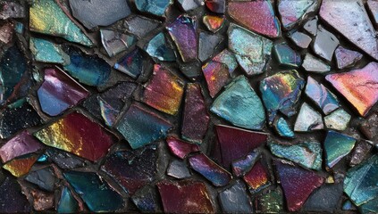 Iridescent mosaic of varied-sized, dark-hued glass fragments set in dark grout, exhibiting deep blues, purples, reds, and hints of gold