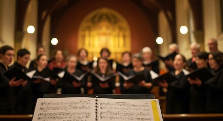 Choir of Adult Singers Performing in Church Sanctuary with Music Stand and Open Sheet Music