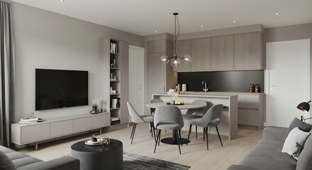Fototapeta premium Modern Apartment Interior with Kitchen and Living Room