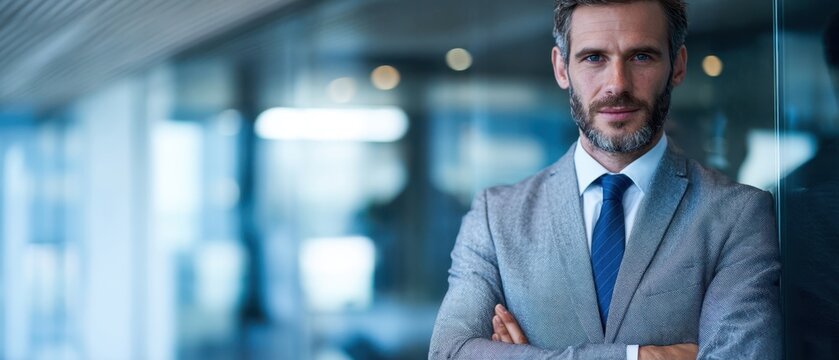 The confident businessman standing in an elegant office setting.