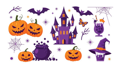 Spooky Halloween Elements: A collection of festive Halloween elements, featuring carved pumpkins with sinister faces, a haunting castle, bats, spider webs, witch hat.